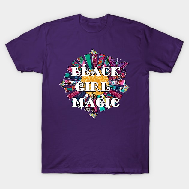 Black Girl Magic Retro Fabric Design with Butterfly T-Shirt by artbyomega